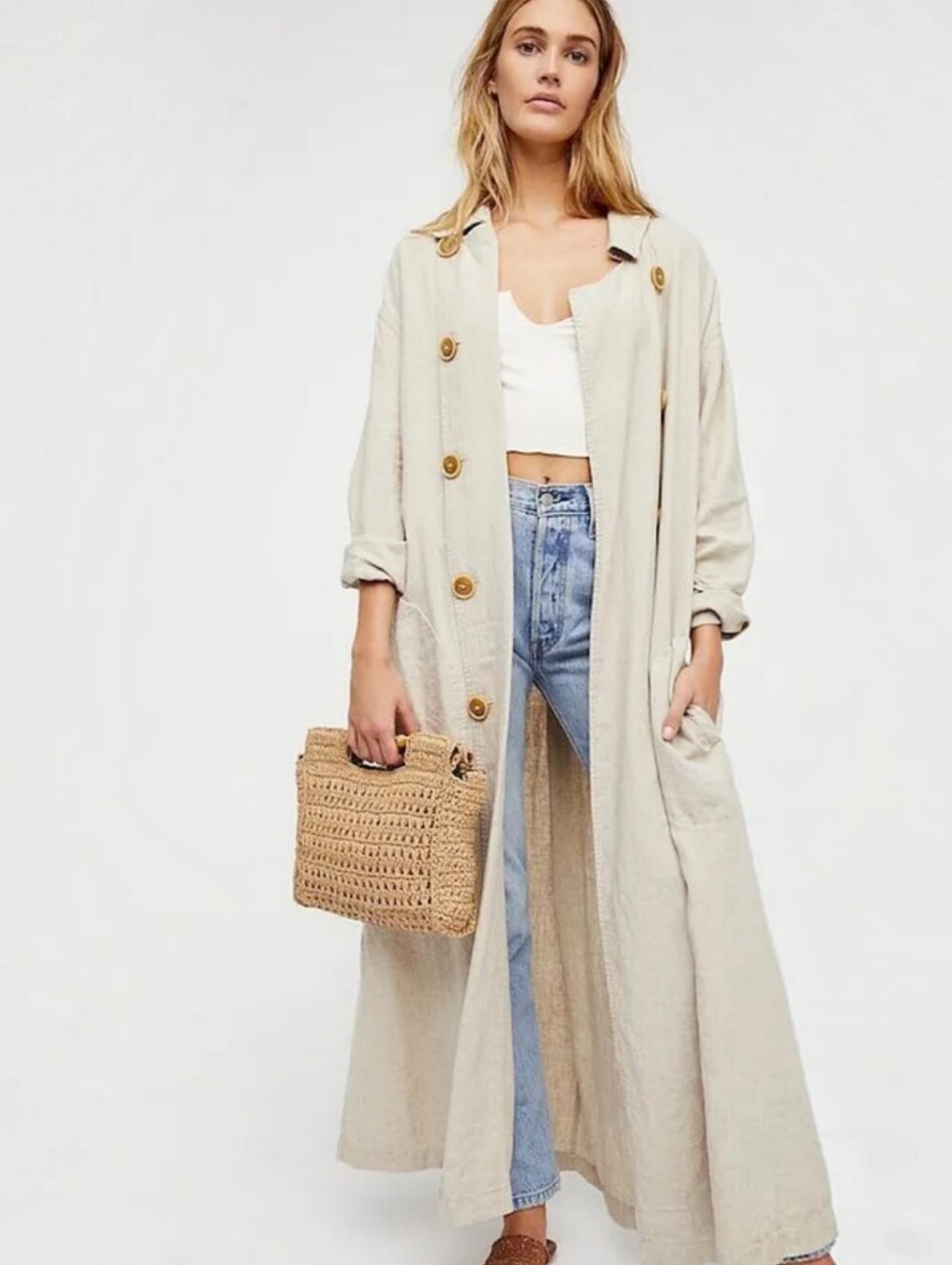 Free People Sweet Melody Trench In Natural, L, NWT Duster Linen Blend Minimalist